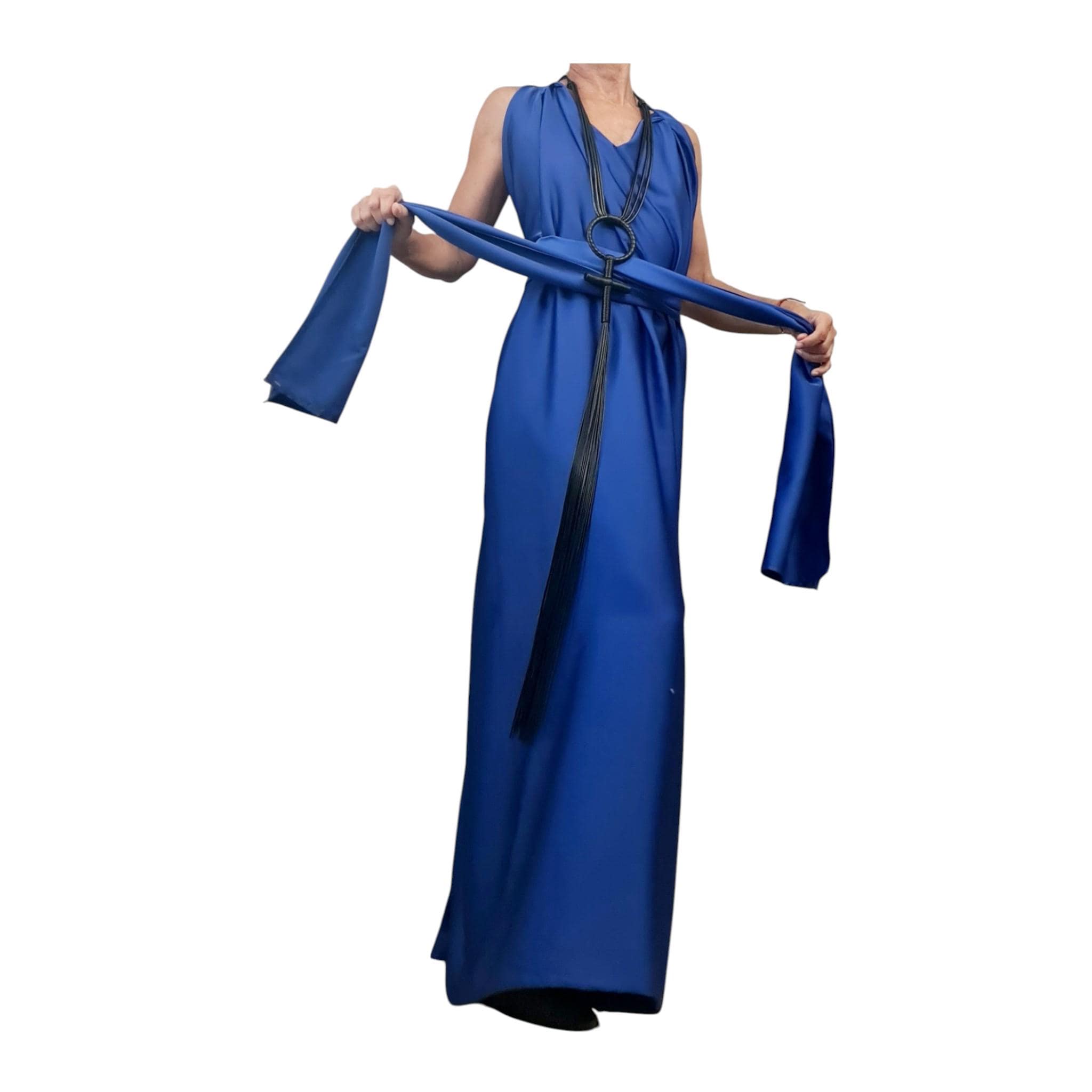 Royal Blue Draped Maxi Dress – Avant-Garde Open Back Grecian Gown