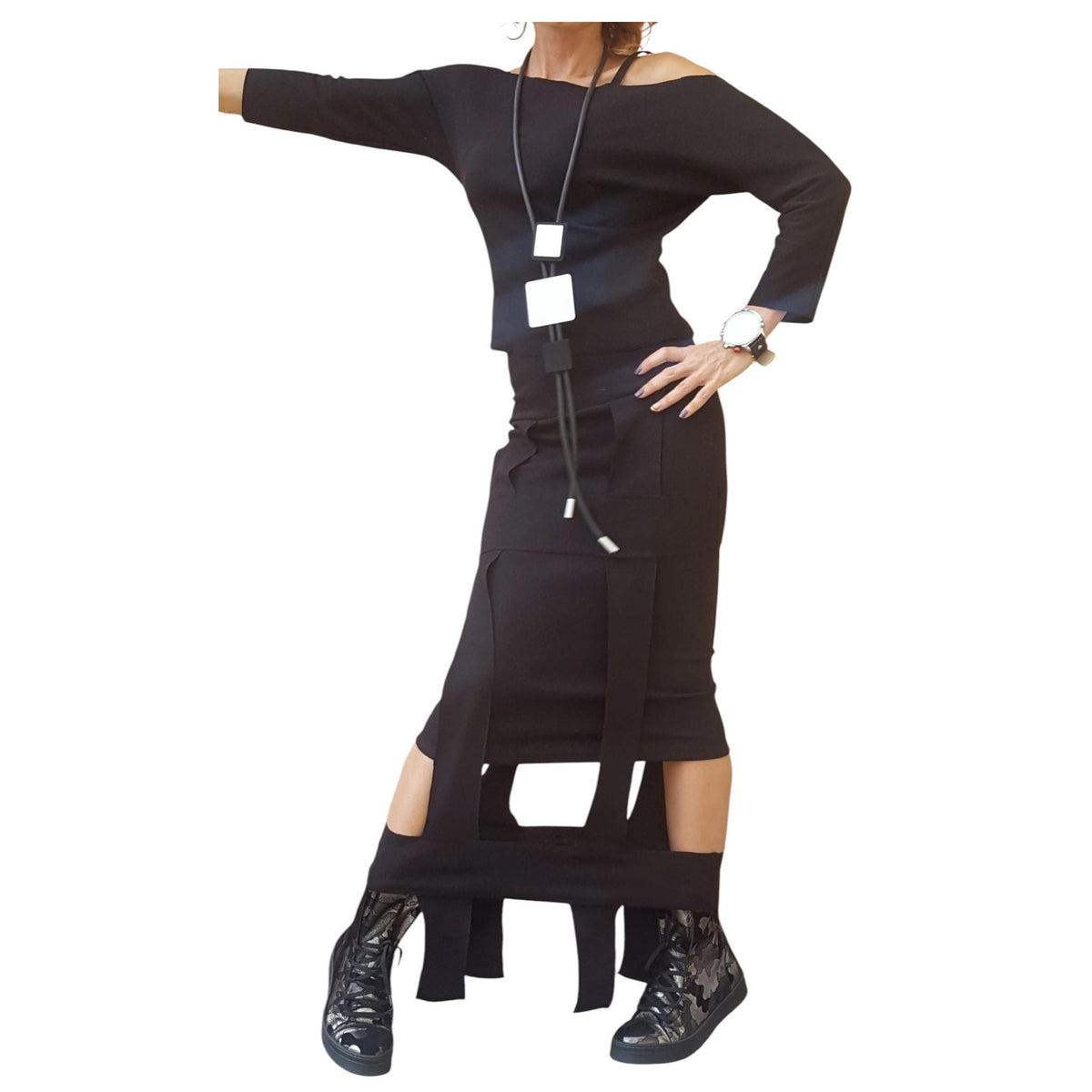 Black Cotton High-Waist Maxi Pencil Skirt, Asymmetrical Off-Shoulder Blouse, Cutout Hem, Two-Piece Co-Ord Set