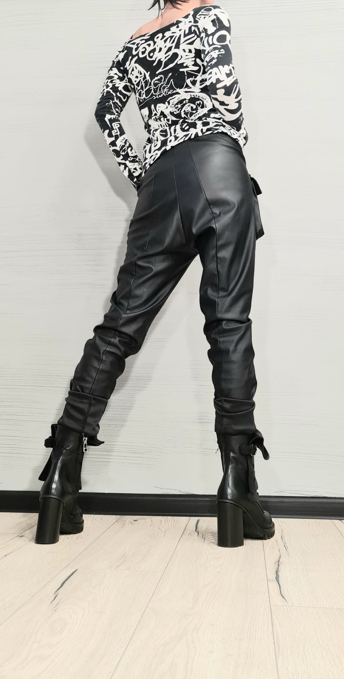 Black Eco Leather Cargo Pants, Drop Crotch Tapered Leg, Gothic Trousers