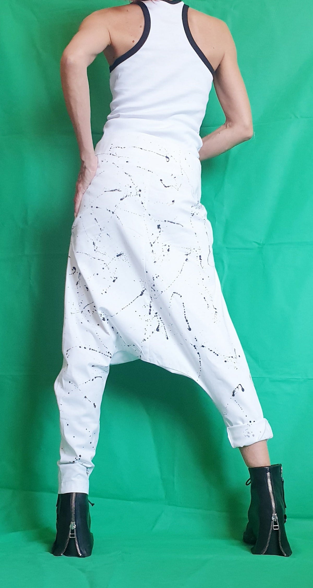 White Cotton Harem Pants, Drop Crotch Trousers, Decorative Buckles, Tapered Leg