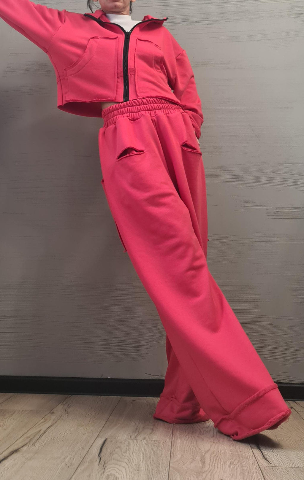 Red Cotton Wide Leg Pants, Cropped Hooded Sweatshirt, Two Piece Co-Ord Tracksuit Set