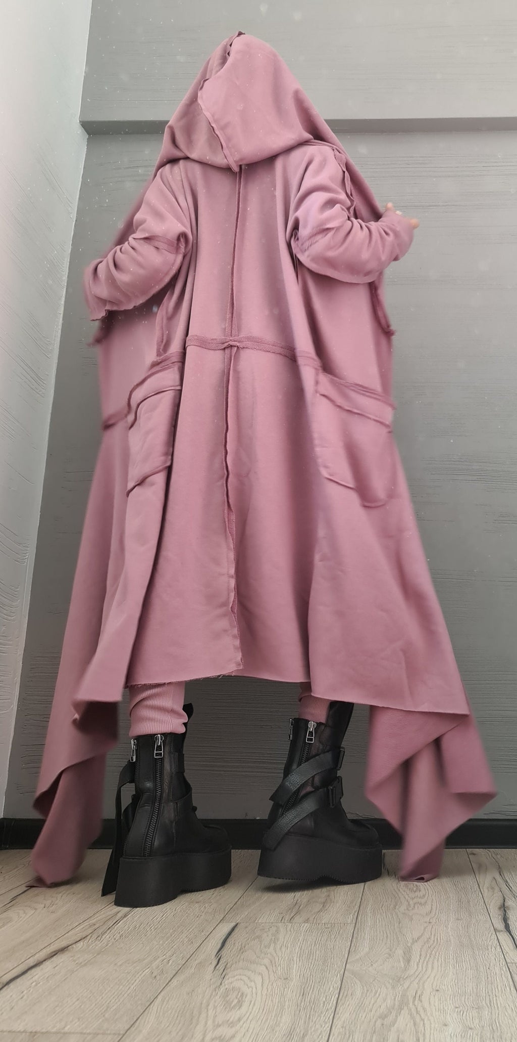 Dusty Rose Hooded Cotton Vest, Plus Size Asymmetric Gilet, Long Sleeveless Jacket