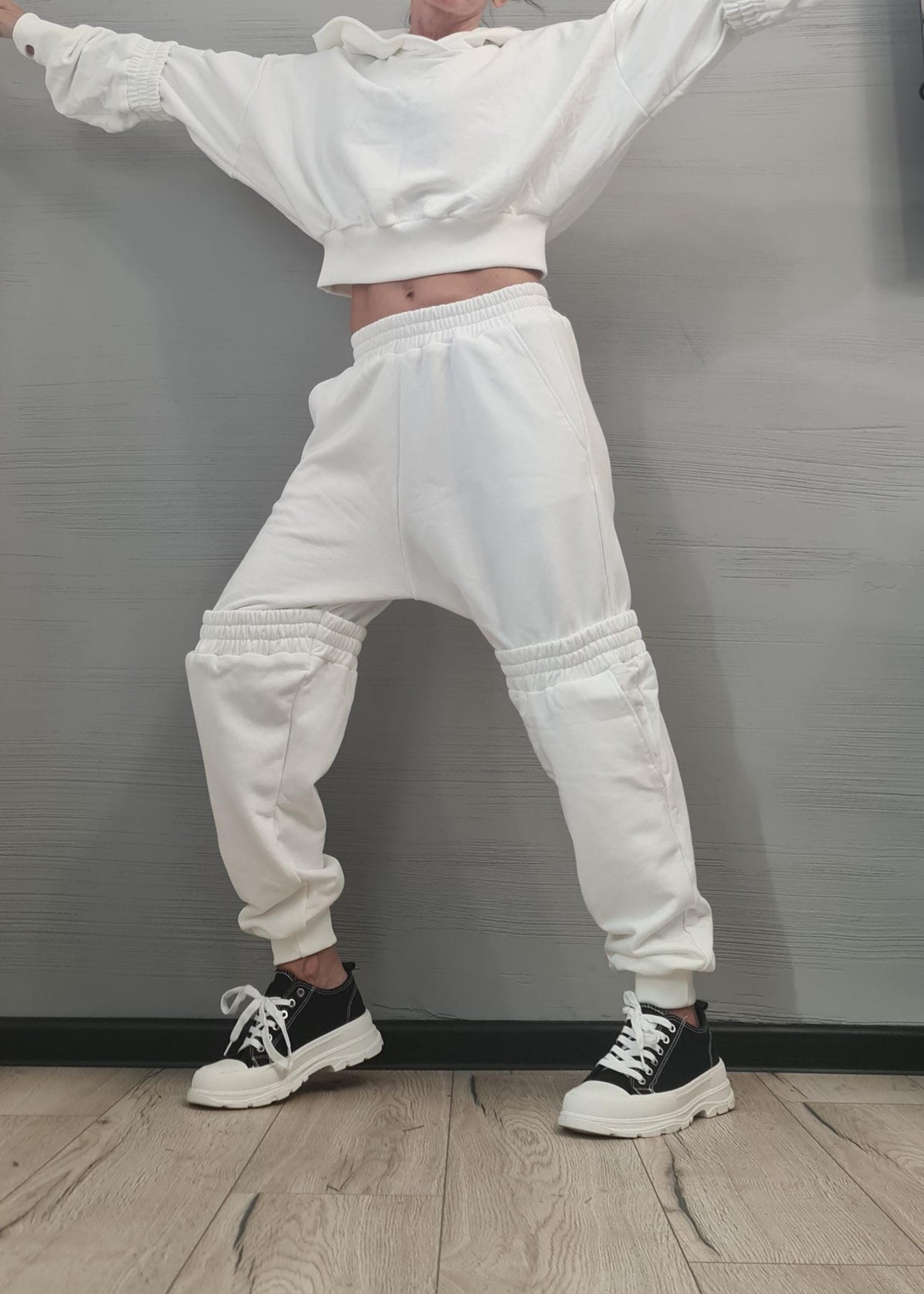 White Cotton Cargo Jogger Pants, Oversized Cropped Hoodie, Ruched Knee Panels, Two-Piece Co-Ord Set