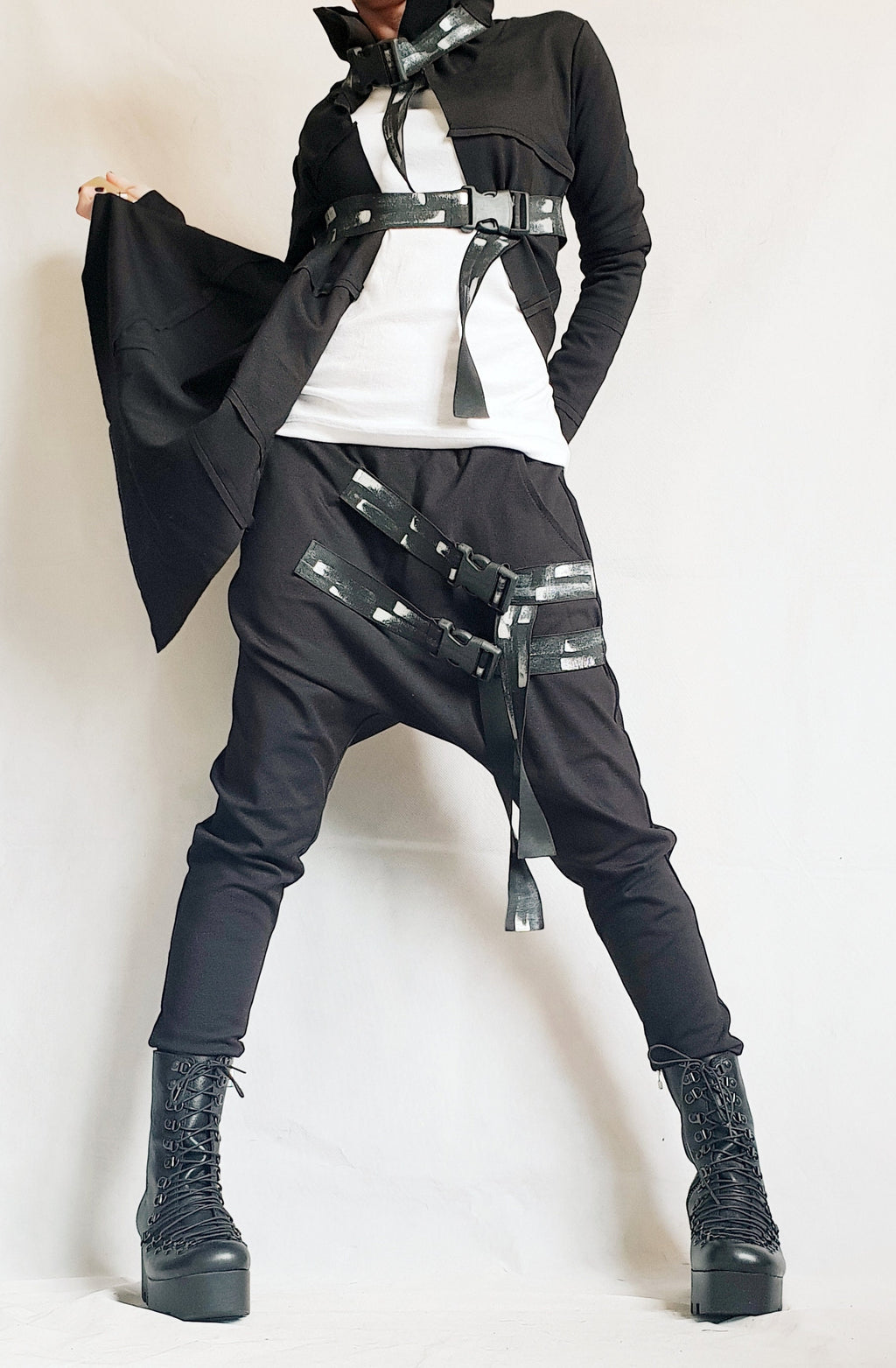 Black French Terry Drop Crotch Harem Pants, Asymmetrical Jacket with Decorative Straps, Co-Ord Set