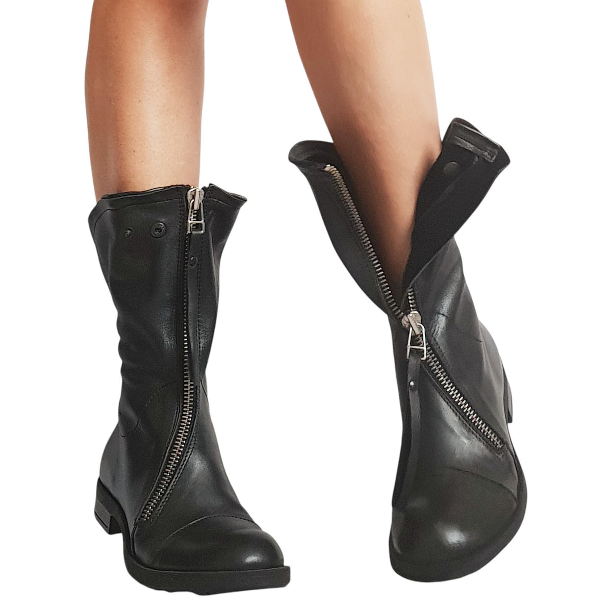 Black Gothic Genuine leather Ankle Boots, Handmade Closed Toe Low Platform Shoes
