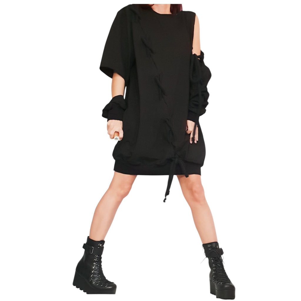 Extravagant Black Dress, One Shoulder Loose Tunic, Plus Size Clothing, Knee Length