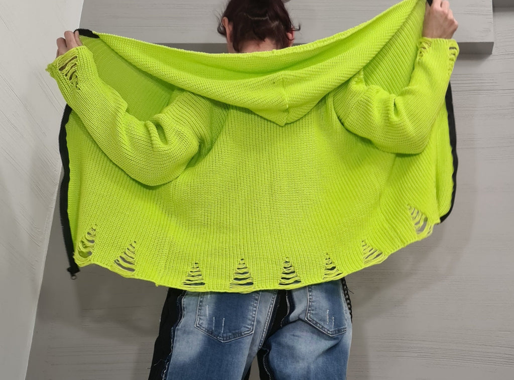 Lime Green Hooded Knit Vest, Oversized Ruffle Cardigan, Plus Size Top