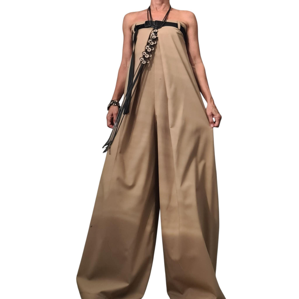 Wide Leg Jumpsuit, Sleeveless Bustier Overall, Beige Harem Jumpsuit
