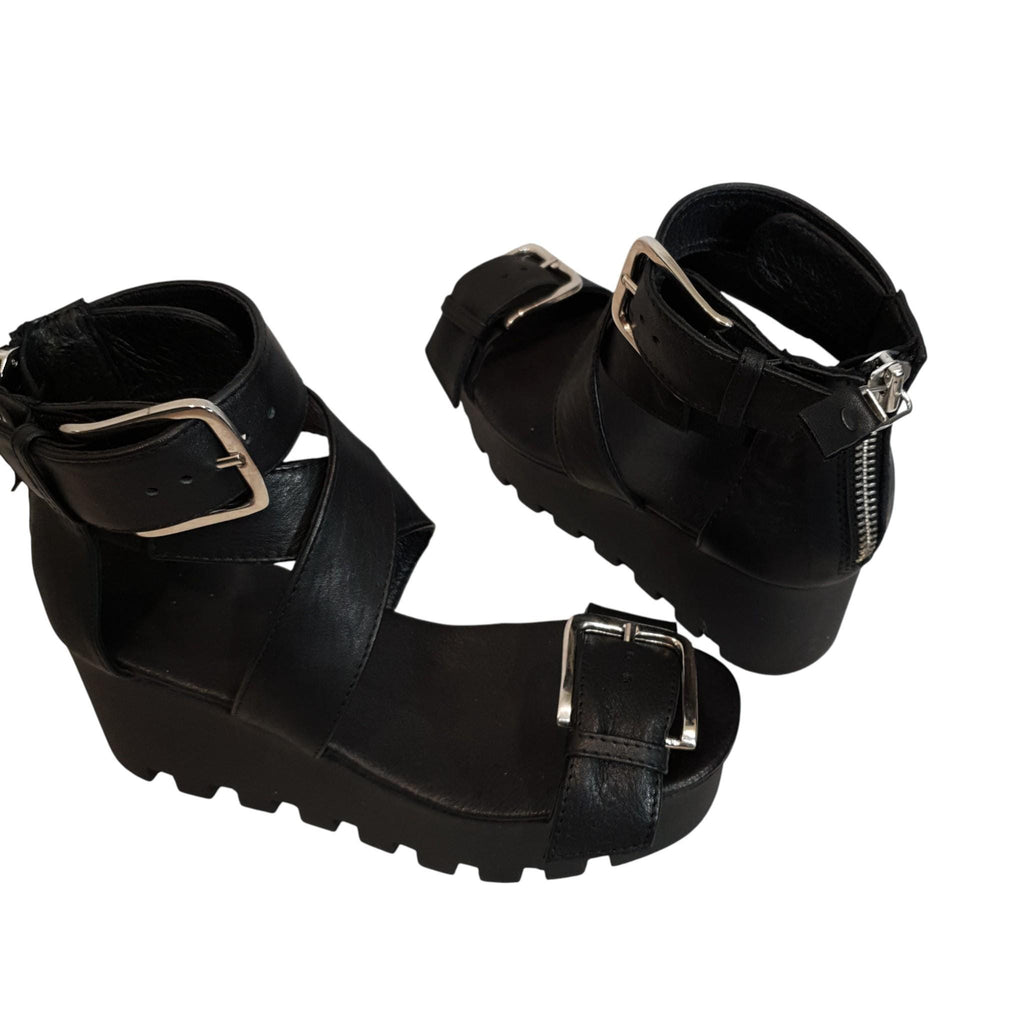 Black Leather Platform Sandals for Women, Wedge Gothic Strappy Shoes