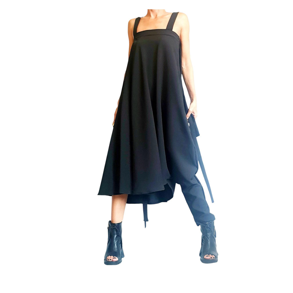 Black Gothic Jumpsuit, Asymmetric Wide Leg Overall, Loose Fit, Avant Garde Clothing