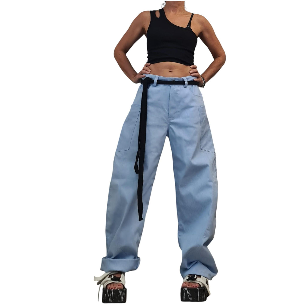 Light Blue Balloon Denim Pants, Wide Leg Barrel Jeans
