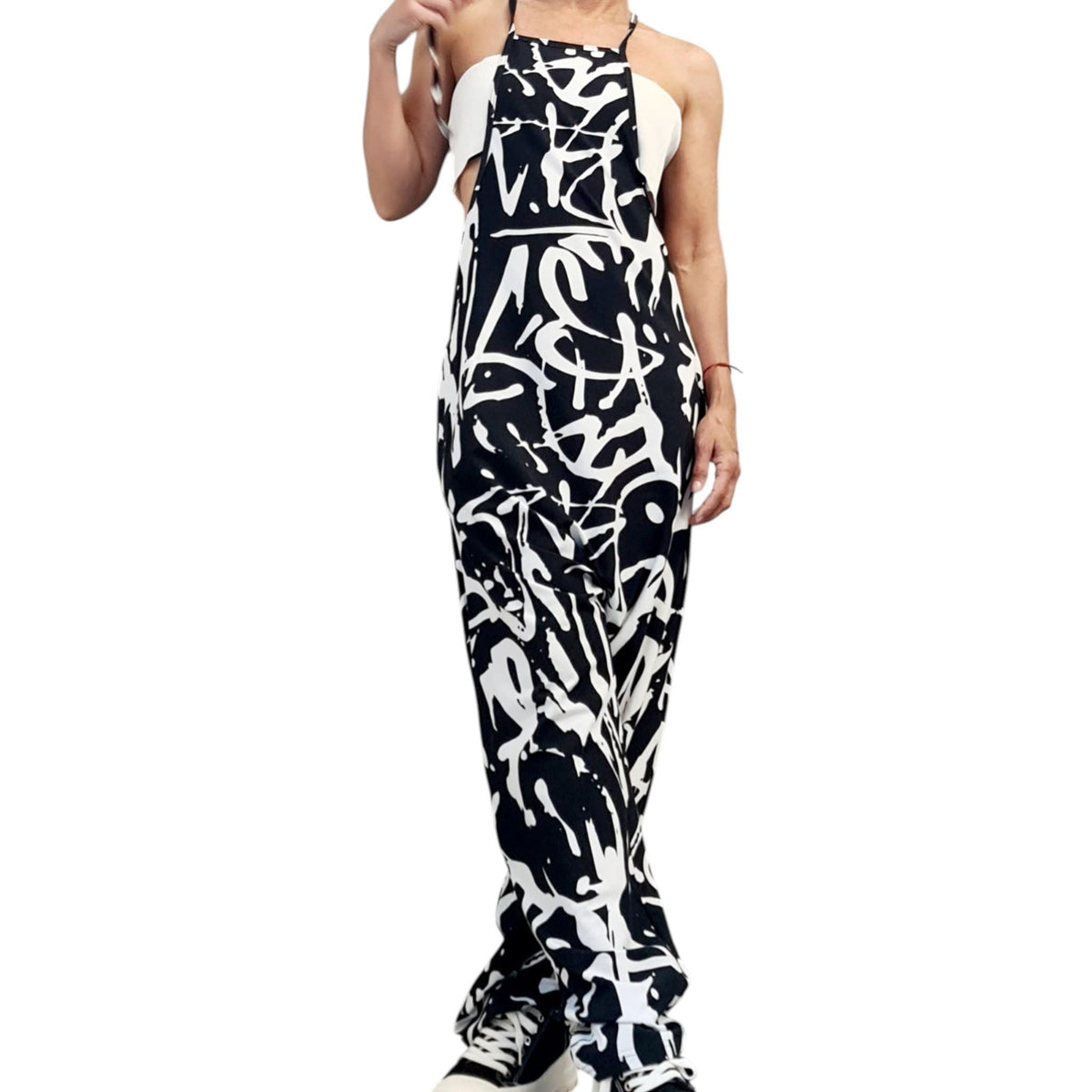 Black White Graffiti Harem Jumpsuit, Loose Drop Crotch Cotton Comfort