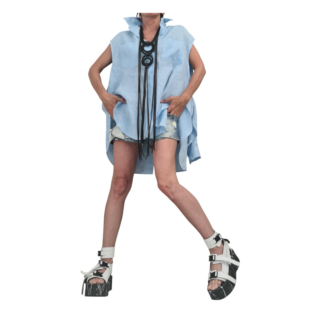 Baby Blue Linen Shirt, Oversized Tunic, Asymmetric Open Back, Loose Summer Top Women