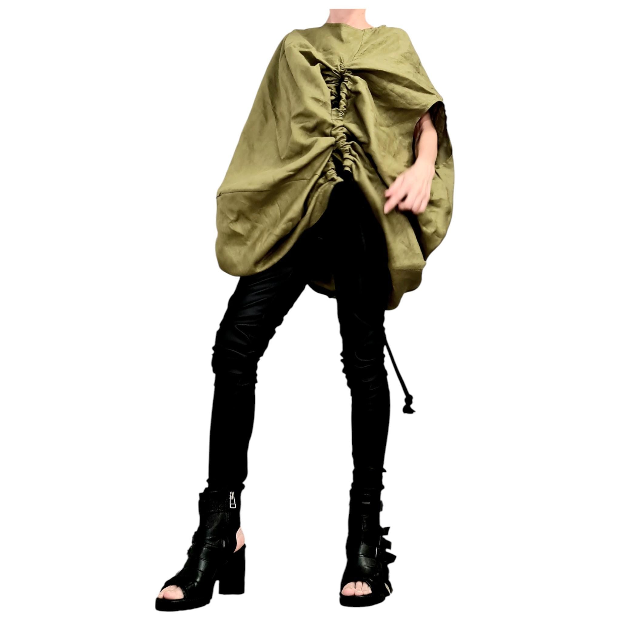 Military Green Linen Tunic, Asymmetric Oversize Top, Adjustable Ruched Kaftan, Plus Size Clothing