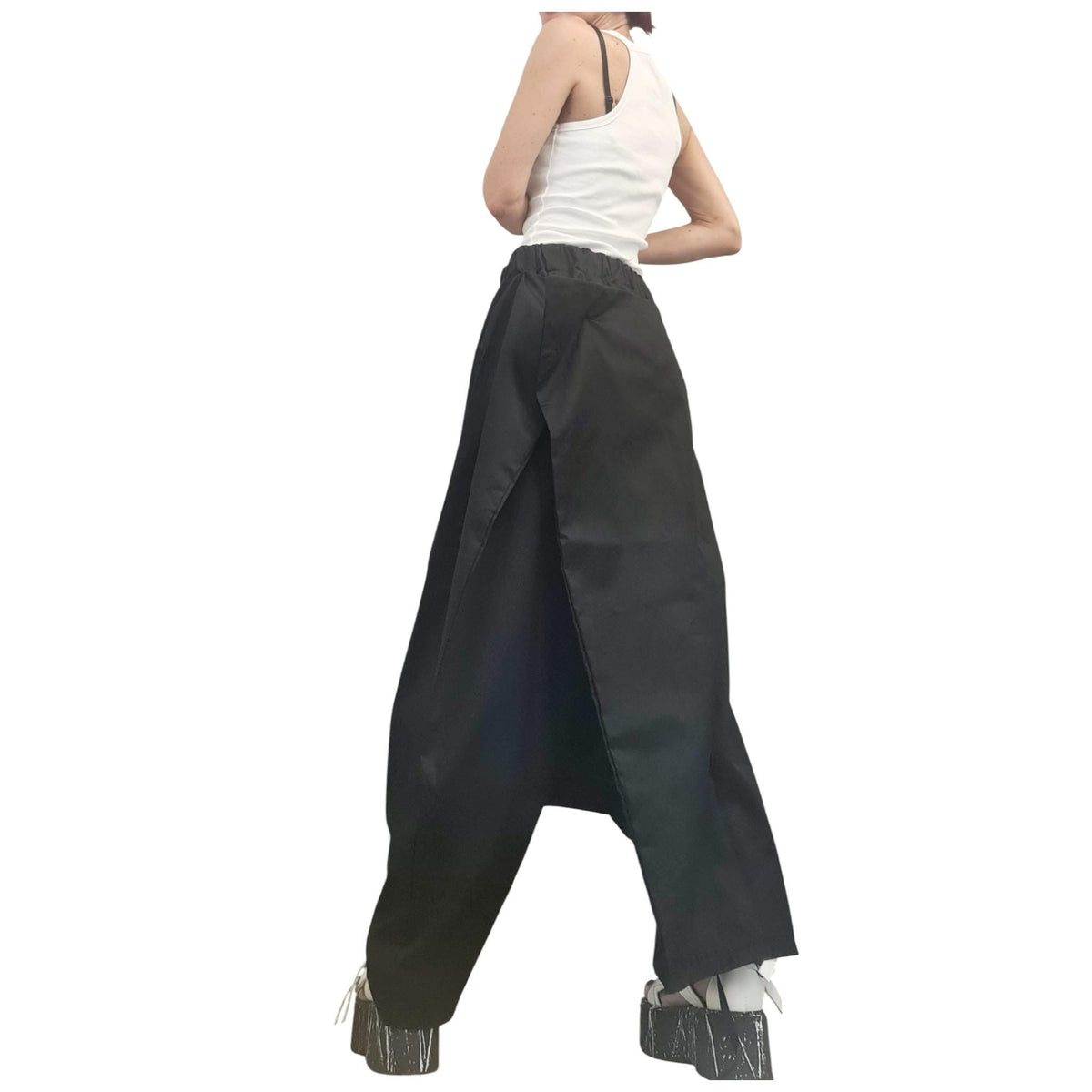 Black Deep Harem Pants, Draped Front, Adjustable Drawstring, Cotton Trousers