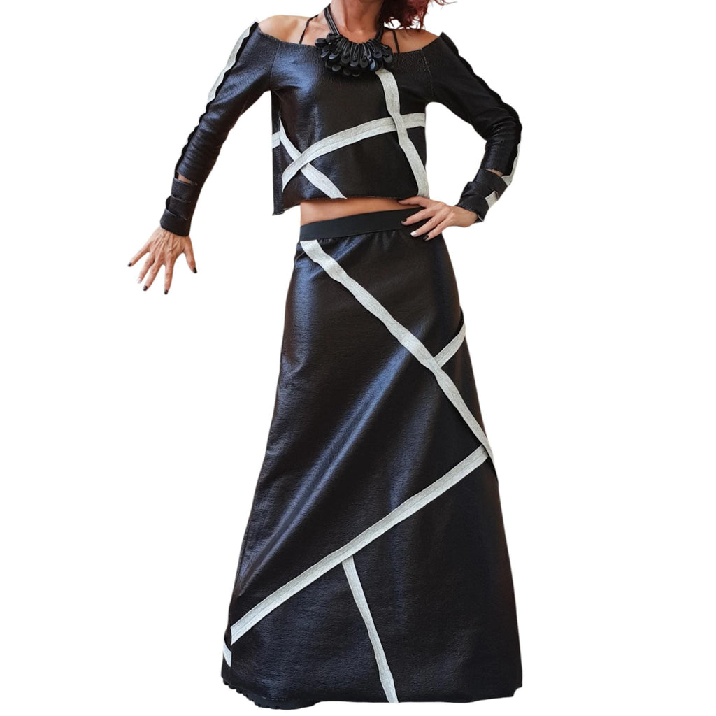 Black Eco-Leather Maxi Skirt, Cropped Long Sleeve Blouse, Contrast Trim Two Piece Co-Ord Set