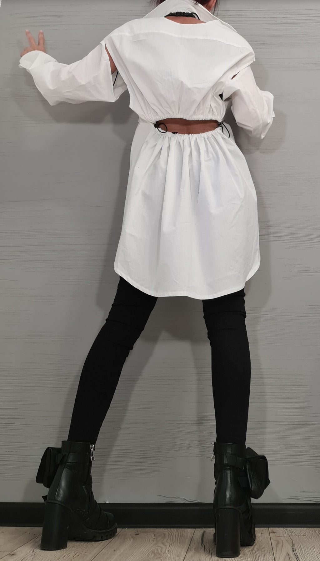 Deconstructed Long White Shirt, Open Back, Avant Garde Loose Tunic, Long Short Sleeve