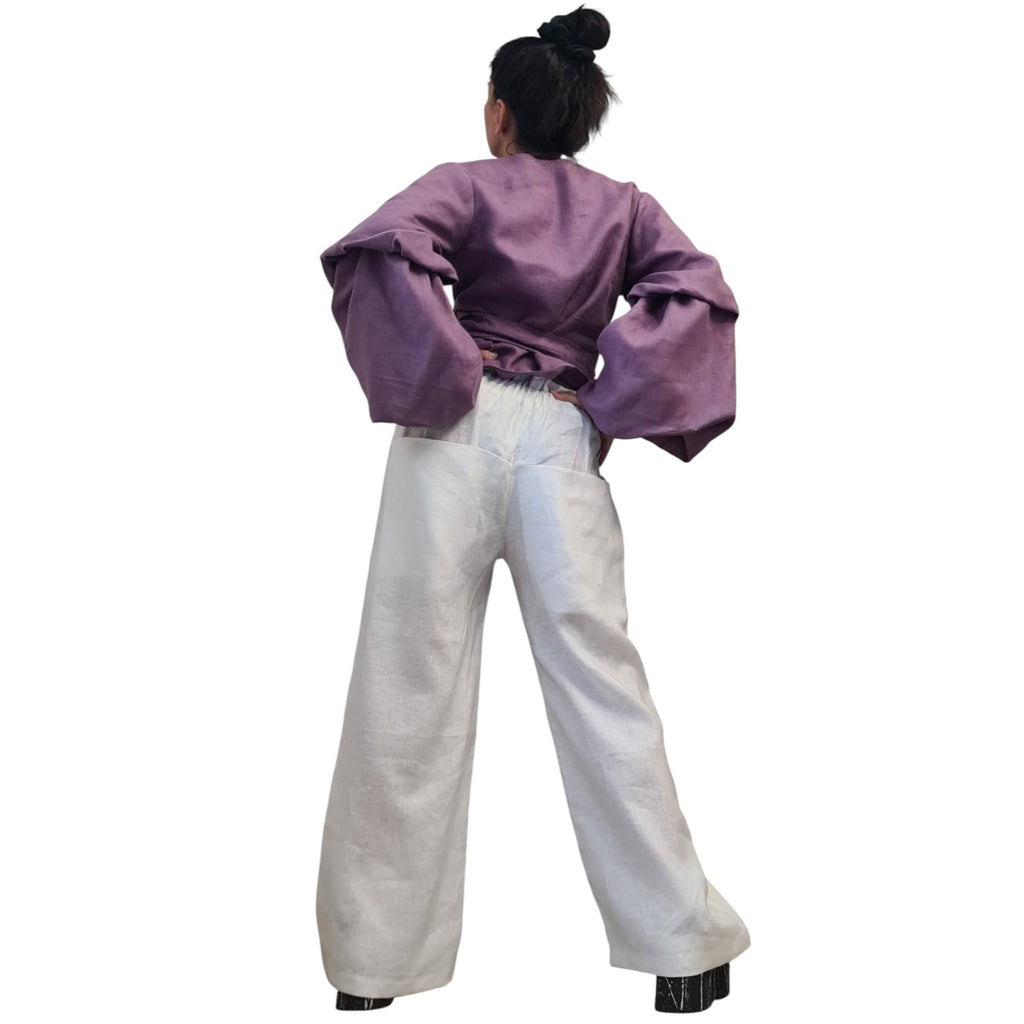 Lavender Linen Wrap Blouse, Reversible Top, Balloon Sleeves, Tie Waist, Oversized Fit, V Neck