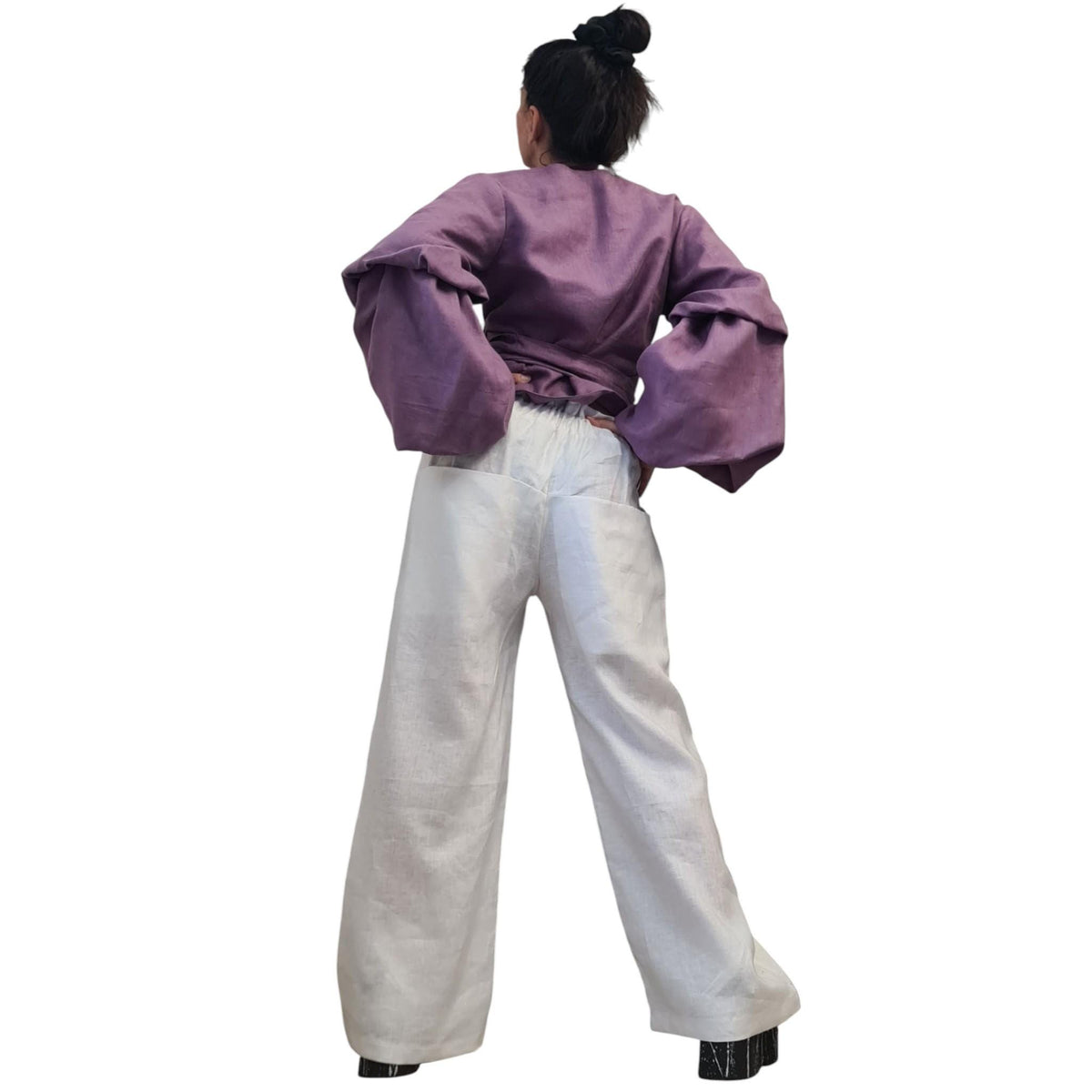 Lavender Linen Wrap Blouse, Reversible Top, Balloon Sleeves, Tie Waist, Oversized Fit, V Neck