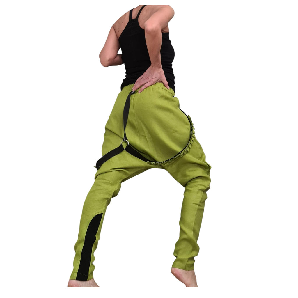 Pistachio Green Linen Pants for Women, Statement Drop Crotch Trousers with Straps, Handmade Clothing