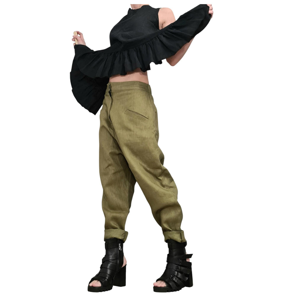 Military Green Linen Harem Pants for Women, Wide Drop Crotch Trousers, Loose Summer Pants