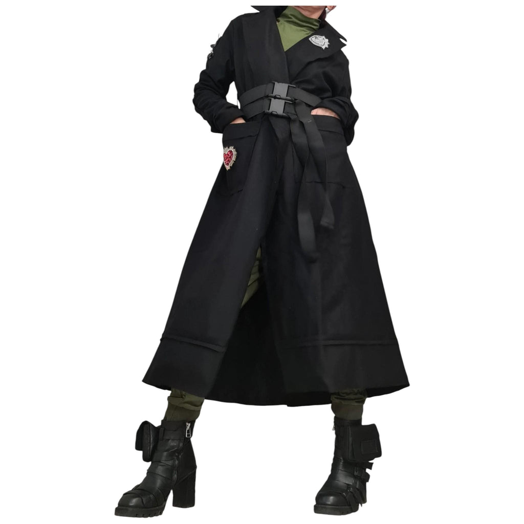 Black Asymmetrical Maxi Coat, Double Buckle Belt, Decorative Appliqués, Flared Winter Overcoat