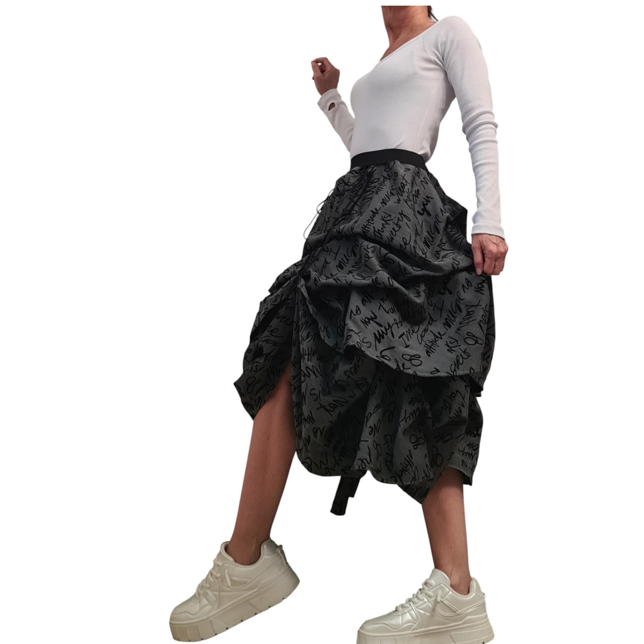 Asymmetric Maxi Skirt, Adjustable Length, Avant Garde Handmade, Balloon Silhouette ,Text Print, Knee Length