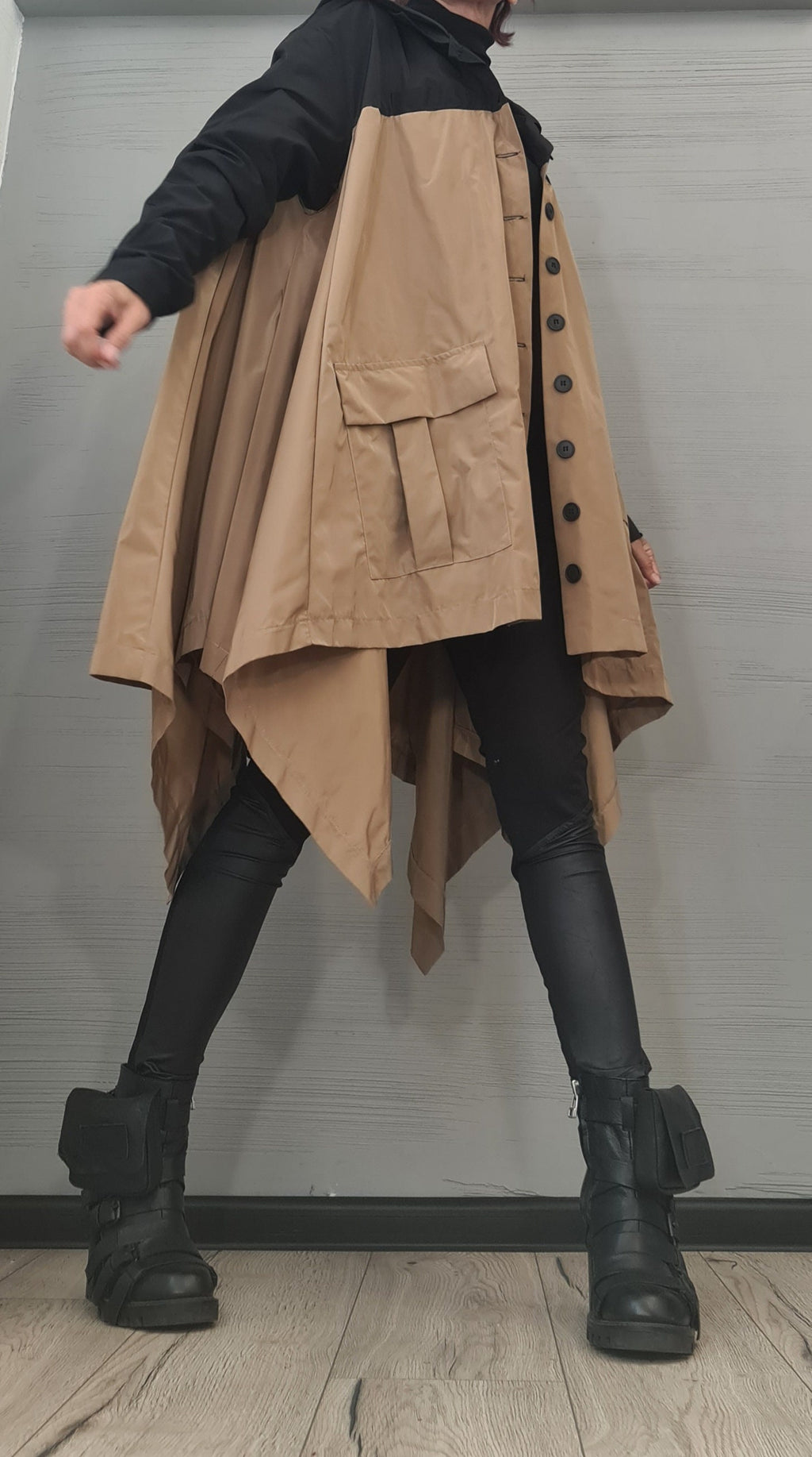 Beige and Black Asymmetrical Hooded Trench Coat, Deconstructed Design, Oversized Patch Pockets