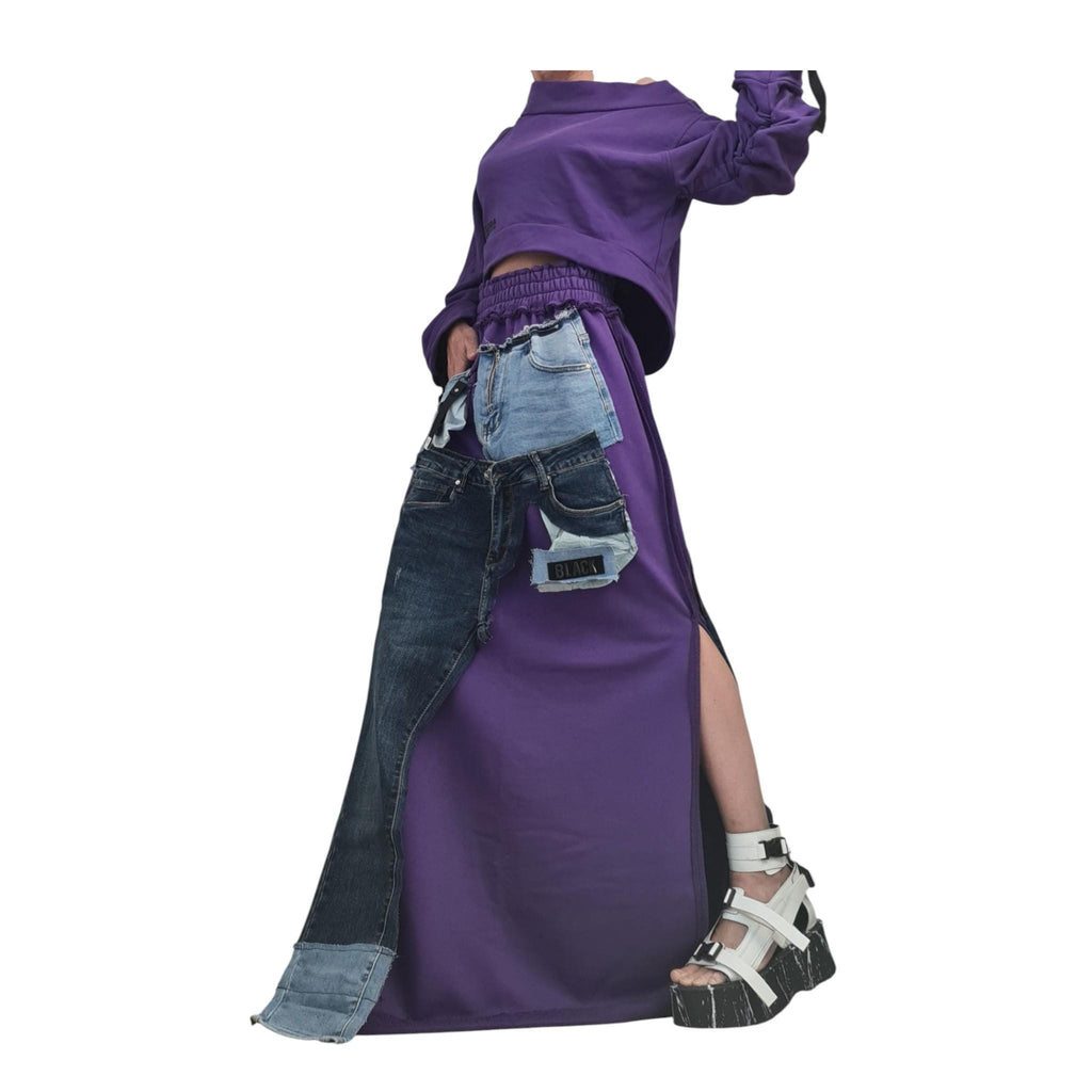 Cotton Denim Blouse Skirt Set, Extravagant Women Costume, Patchwork Design
