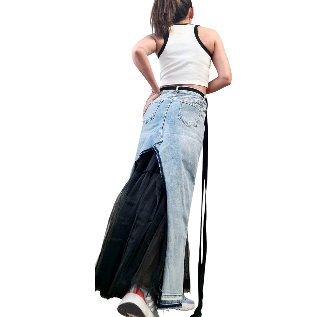 Extravagant Asymmetric Denim Tulle Skirt, Deconstructed Avant Garde Maxi Skirt