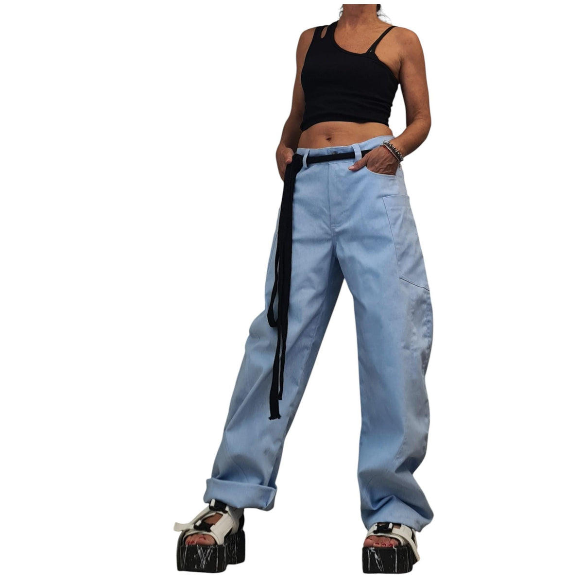 Light Blue Balloon Denim Pants, Wide Leg Barrel Jeans
