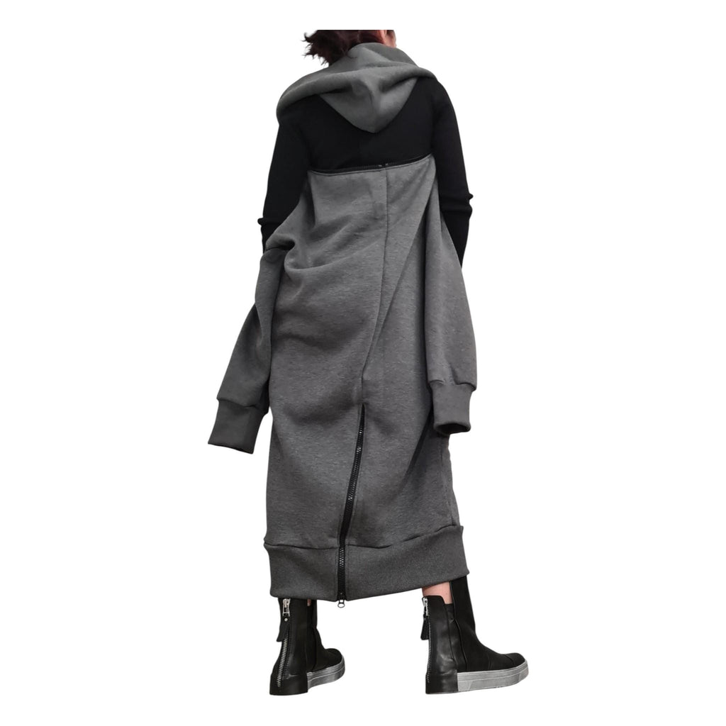 Grey Oversized Hooded Sweatshirt Dress, Sleeveless Maxi Zip Hoodie, Large Pockets, Plus Size