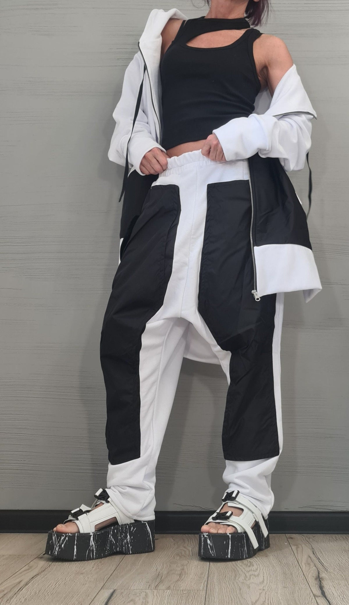 Black White Cotton Drop Crotch Pants, Asymmetrical Zip Hoodie, Contrast Panels, Two-Piece Co-Ord Set