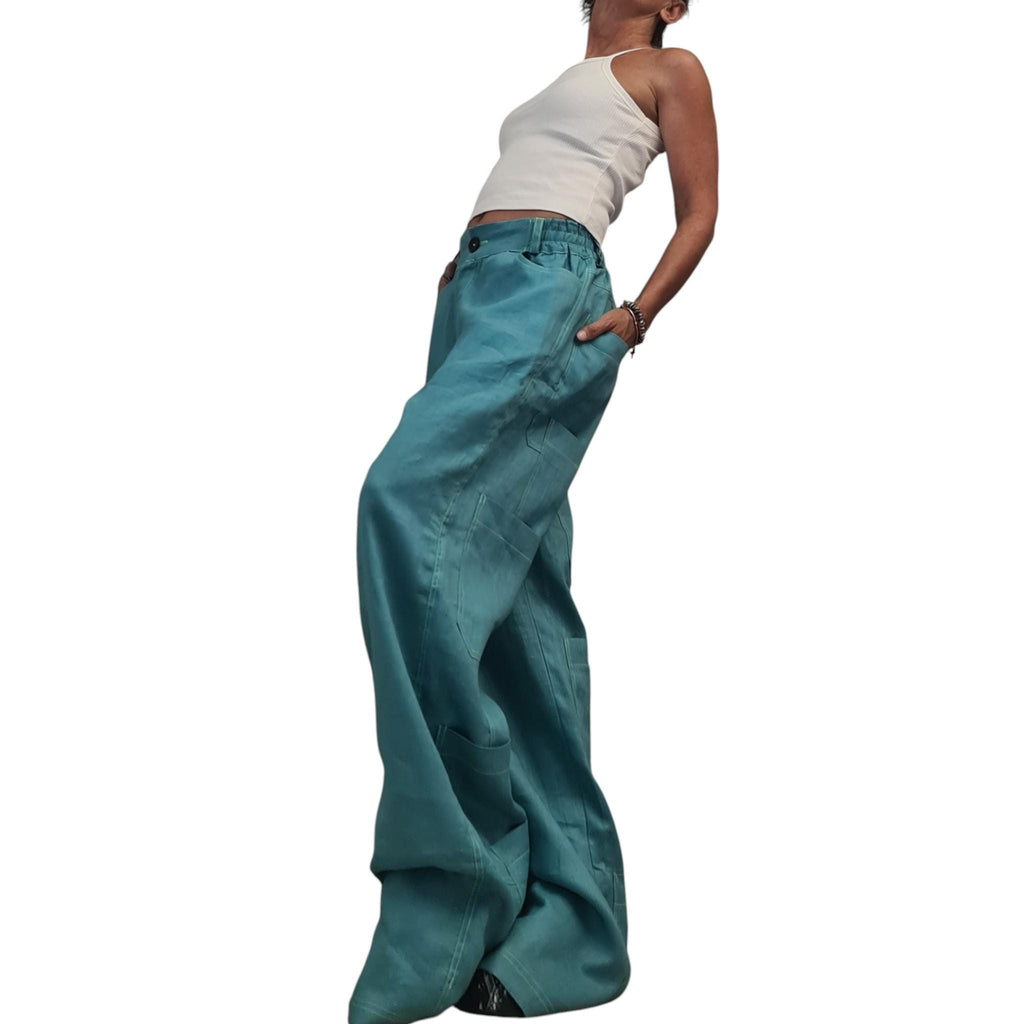Petrol Blue Wide Leg Pants, Linen Palazzo, Boho Trousers, Designer Pocket Detail