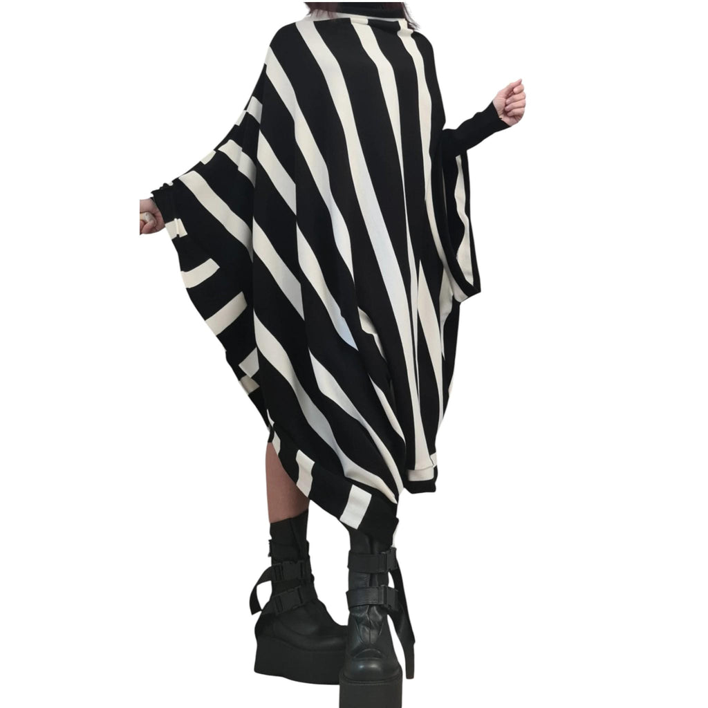 Black White Striped Cotton Knit Tunic Dress, Gothic Plus Size Set