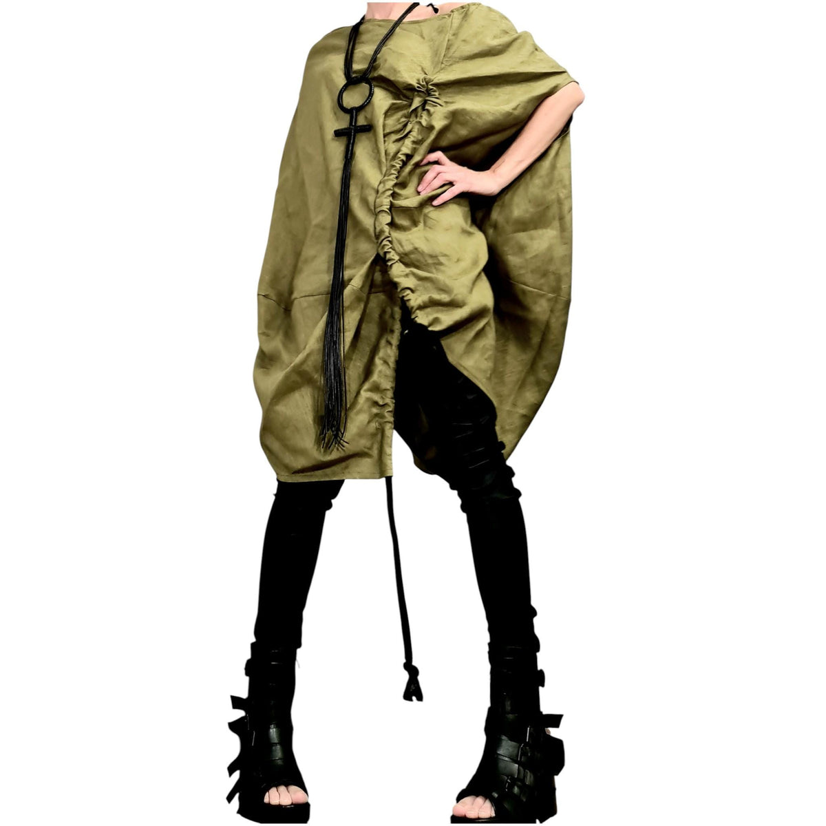 Military Green Linen Tunic, Asymmetric Oversize Top, Adjustable Ruched Kaftan, Plus Size Clothing