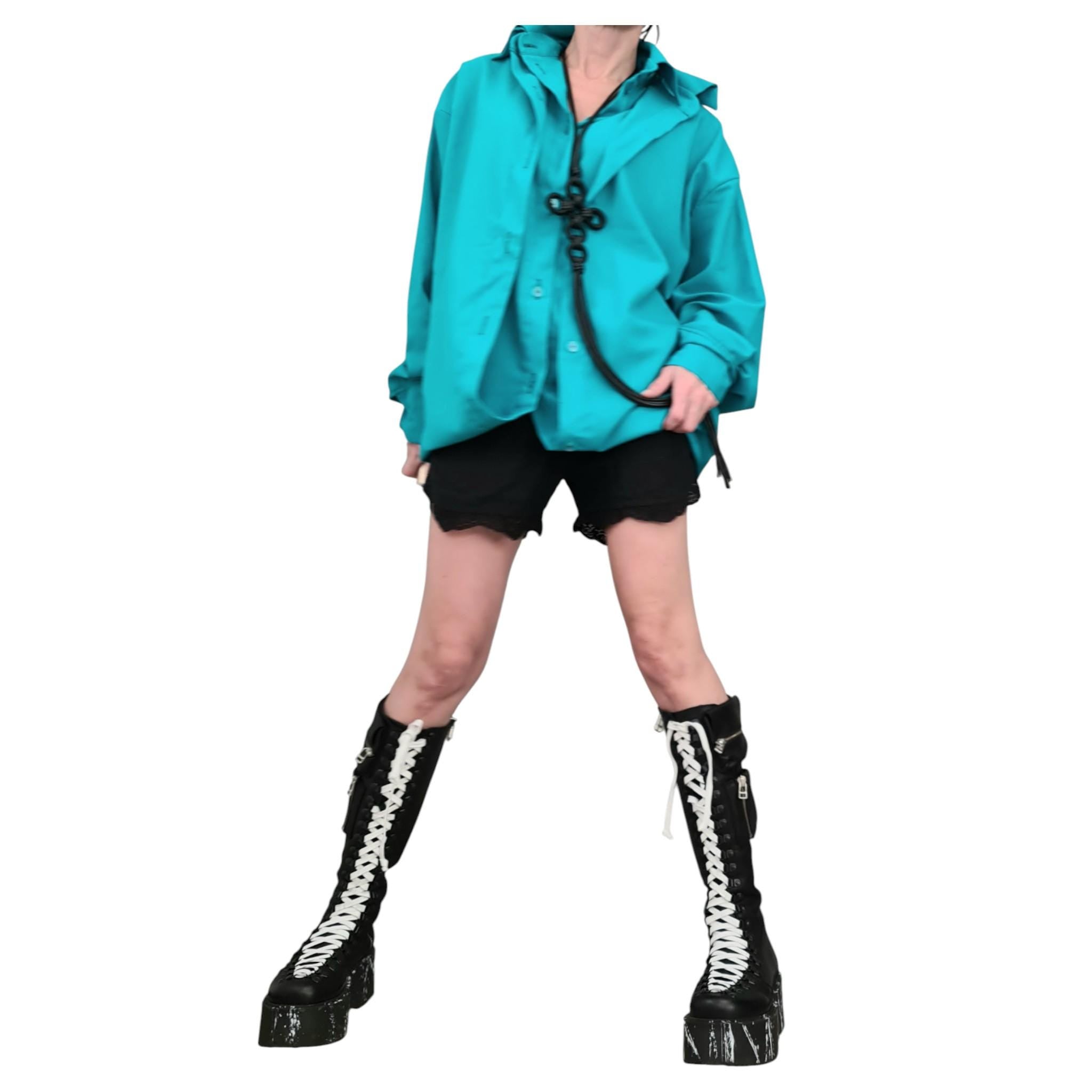 Turquoise Linen Deconstructed Tunic for Women, Transformable Layered Top, Asymmetric Oversize Shirt