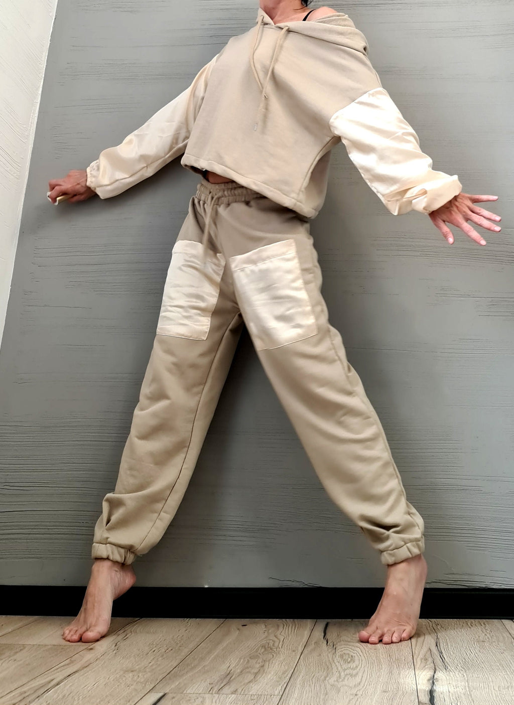 Beige Cotton Jogger Pants, Satin Patch Pockets, Oversized Off Shoulder Hoodie, Two-Piece Co-Ord Set
