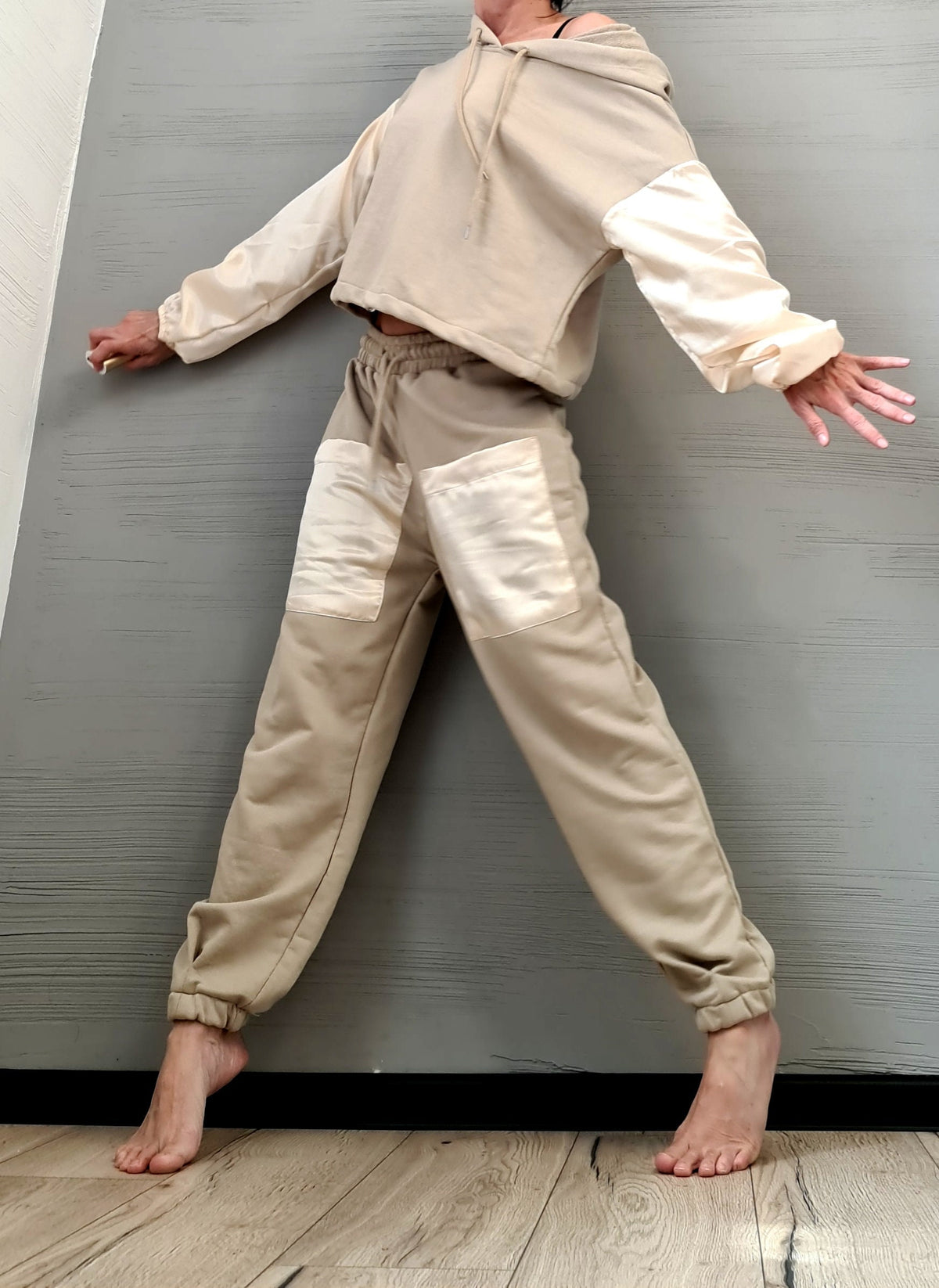 Beige Cotton Jogger Pants, Satin Patch Pockets, Oversized Off Shoulder Hoodie, Two-Piece Co-Ord Set