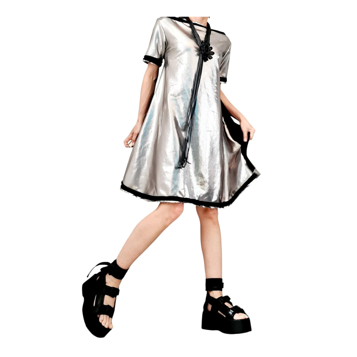 Black Silver Dress, Loose Cotton Tunic, Oversize A Line Short Sleeve Tunic