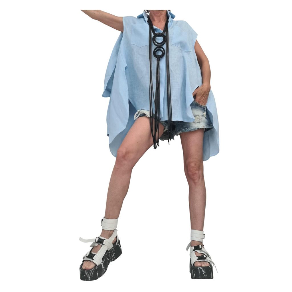 Baby Pink Linen Shirt, Asymmetric Open Back Top, Oversized Tunic, Loose Summer Shirt Women