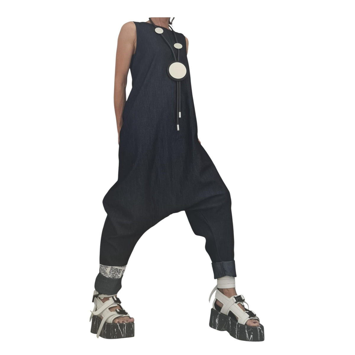 Asymmetric Denim Harem Jumpsuit, Plus Size Wide Leg Sleeveless Overall