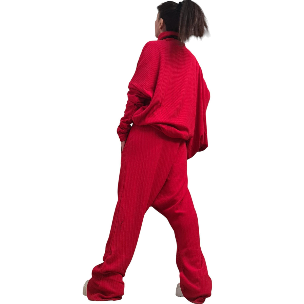 Red Knit Straight Leg Pants, Asymmetrical Batwing Turtleneck Top, Two-Piece Co-Ord Set, Plus Size
