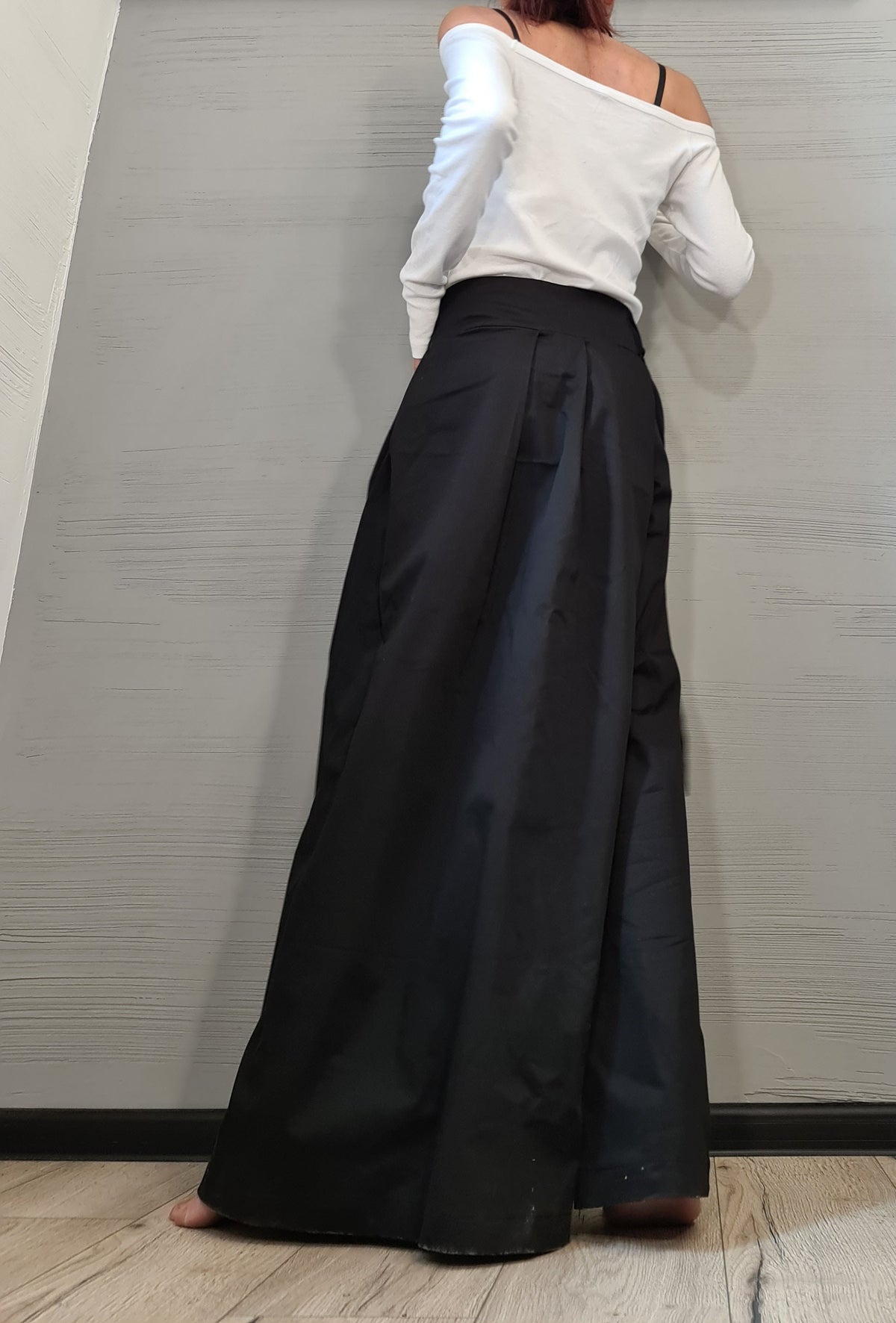 Avant Garde Asymmetric Wide Leg Pants, Black Wrap Front Trousers