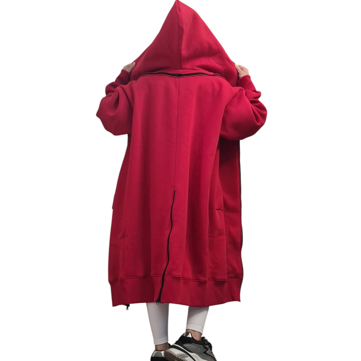 Red Convertible Cotton Maxi Hoodie Dress, Detachable Puff Sleeves, Full Zip Front, Plus Size