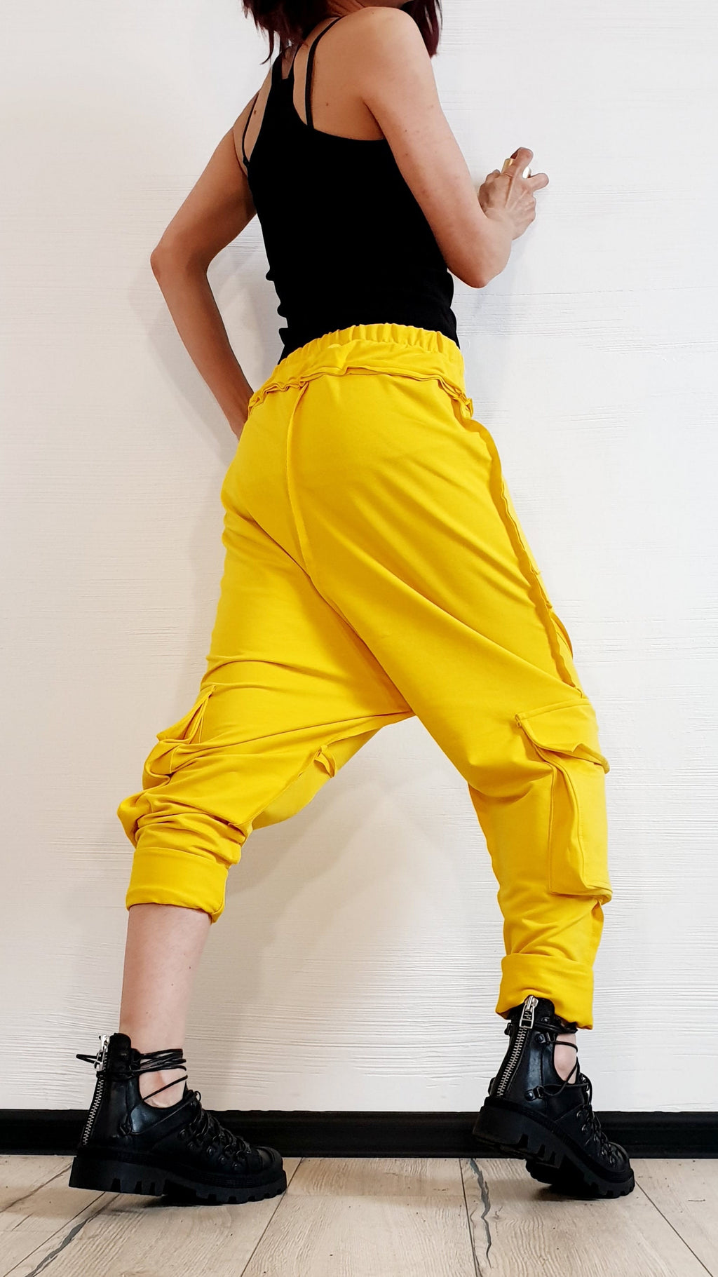 Yellow French Terry Harem Pants, Women's Baggy Trousers, Boho Festival Style