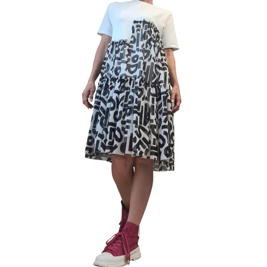 Asymmetrical Tunic for Women, Cotton Dress with Graffiti Tulle, Plus Size