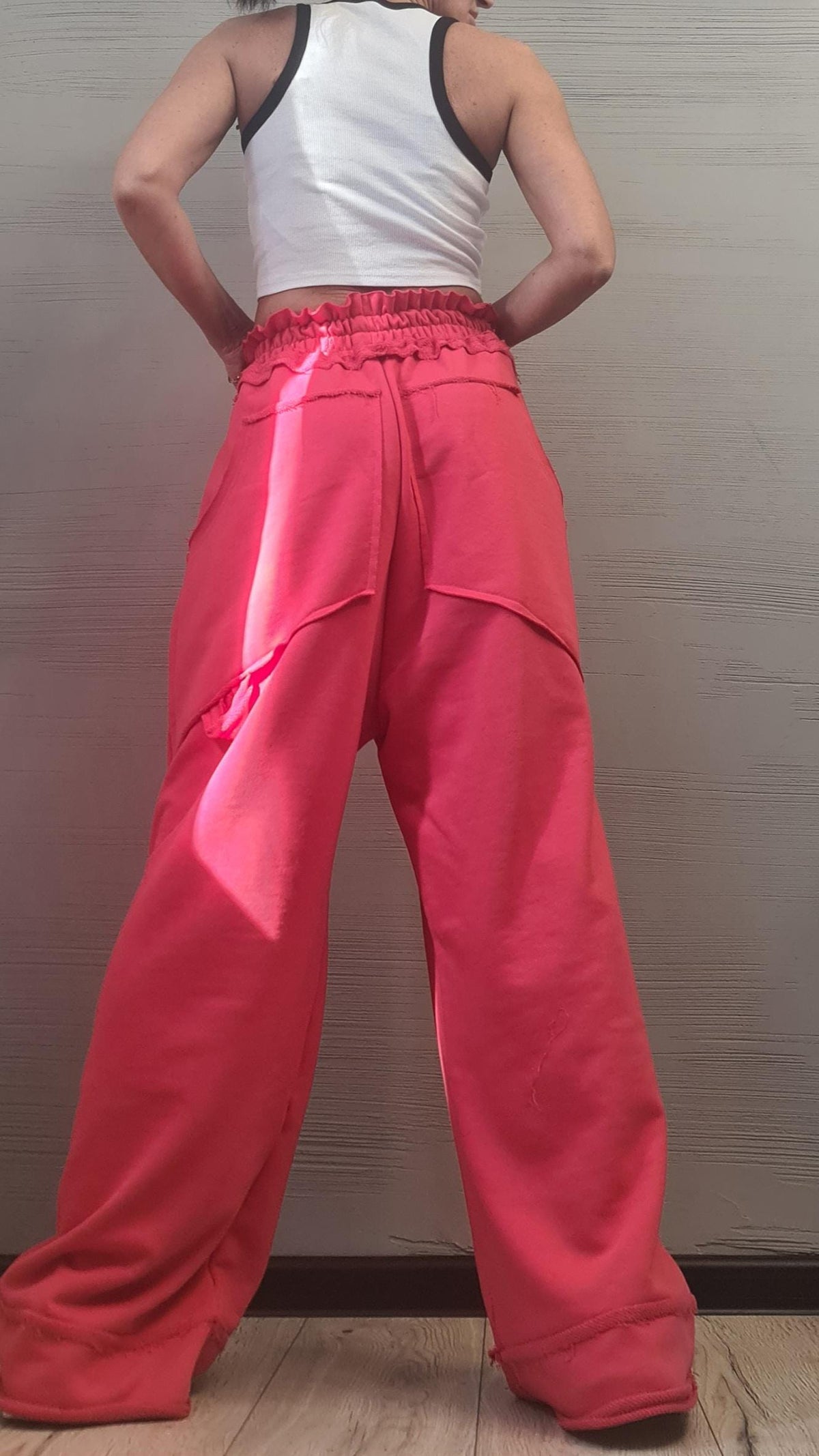 French Terry Wide Leg Pants, Elastic Waist, Asymmetric Back Pockets