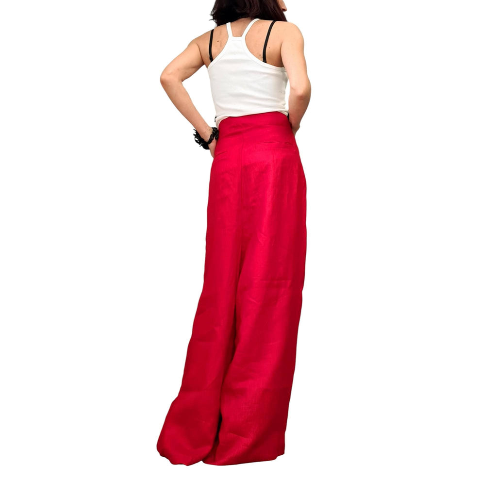 Red Wide Leg Linen Pants, Adjustable Waist Wrap Design, Avant Garde Oversized Trousers