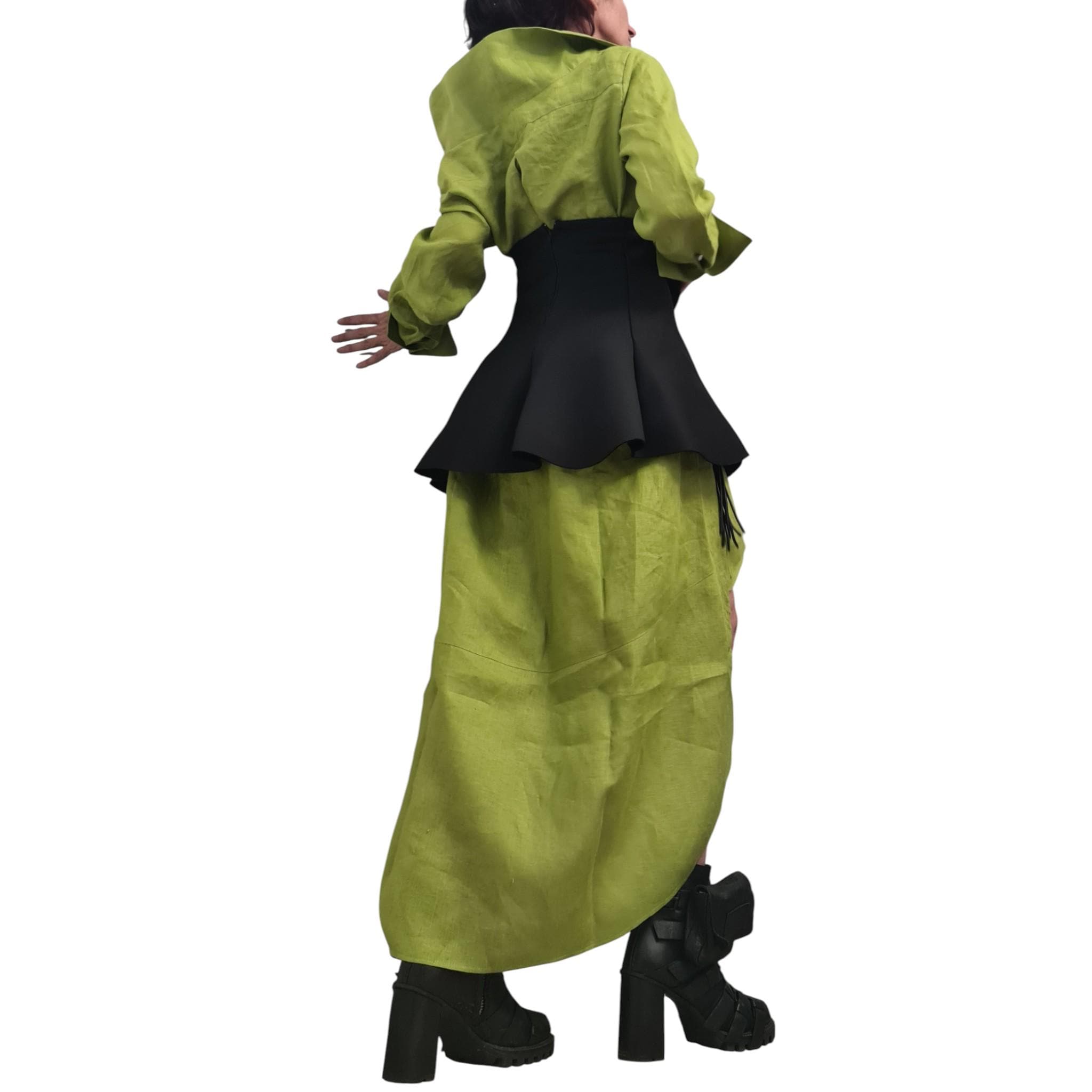 Pistachio Linen Shirt Dress with Neoprene Corset, High Low Hem, Asymmetric Handmade Tunic Dress